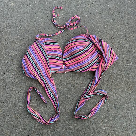 Victoria's Secret 34DD The Wrap Halter Bikini Top Pink Orange Purple Stripe - Picture 2 of 7
